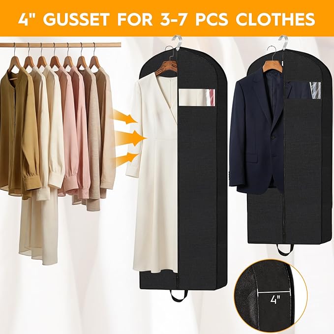 2-Pack Garment Bags for Storage & Travel - 60" & 43" Hanging Clothes Bags with 4" Gusset, Clear Window, Handle & ID Holder | Suit, Dress, Coat Covers for Closet Organization