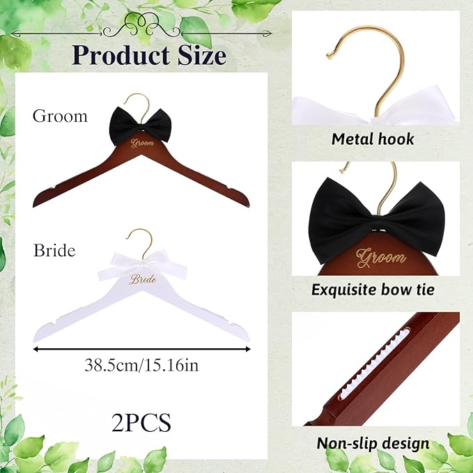 2 Pcs Bride and Groom Hangers Bride Hanger Wedding Dress Hanger Wedding Hangers with Bow Tie for Tuxedo Suit Bridal Shower Gifts