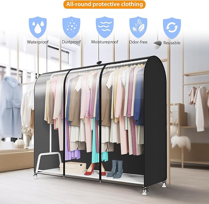 Kntiwiwo Clear Garment Rack Cover, Clothes Rack Cover Clothing Rack Cover with Durable Zippers for Garment Rack, Clothes Rack, Black, 72"L x 20"W x 60"H (Rack Not Included)