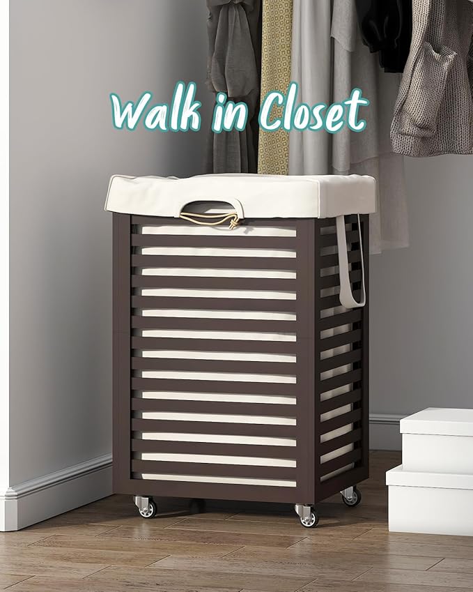 Laundry Hamper with Wheels, 22.7 Gallon (86L) Bamboo Wood Clothes Laundry Basket with Handles, Removable Liner