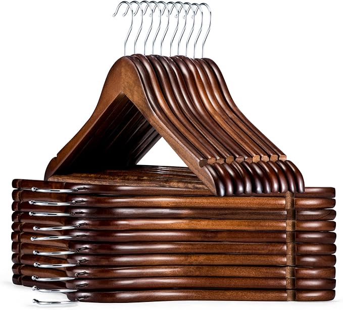 HOUSE DAY Wooden Hangers 30 Pack, Solid Wood Coat Hanger Heavy Duty, Smooth Finish Bulk Wood Hangers, High-Grade Wooden Clothes Hanger with Non Slip Pant Bar, 360° Swivel Hook
