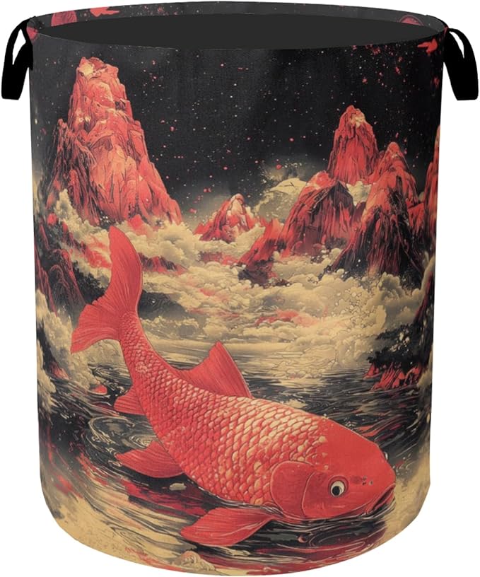 Japanese Style Red Fish Laundry Basket - Heavy Duty 60L Dirty Clothes Organizer, Water Resistant Foldable Hamper for Men Women