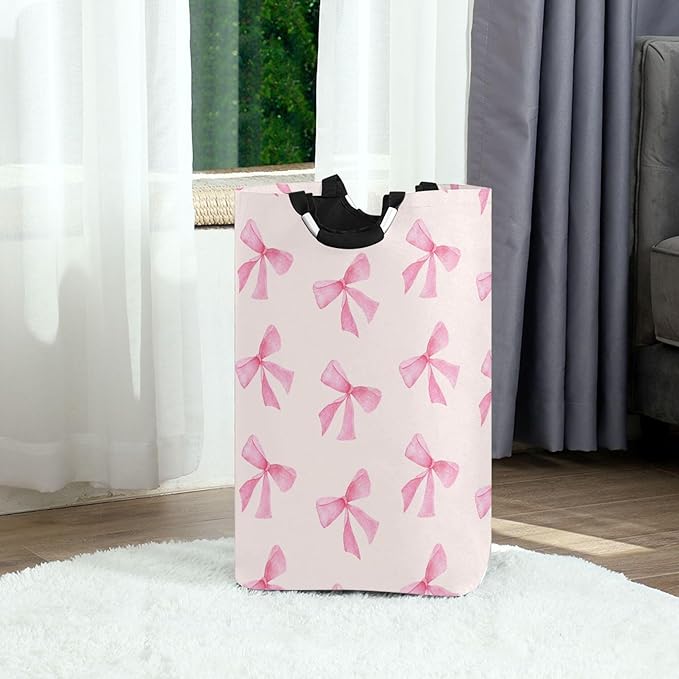 xigua Pink Bow Large Laundry Hamper with Handle, Foldable Clothes Hamper Collapsible Storage Basket for Toys and Clothes Organization in Bedroom, Bathroom, and Laundry Room