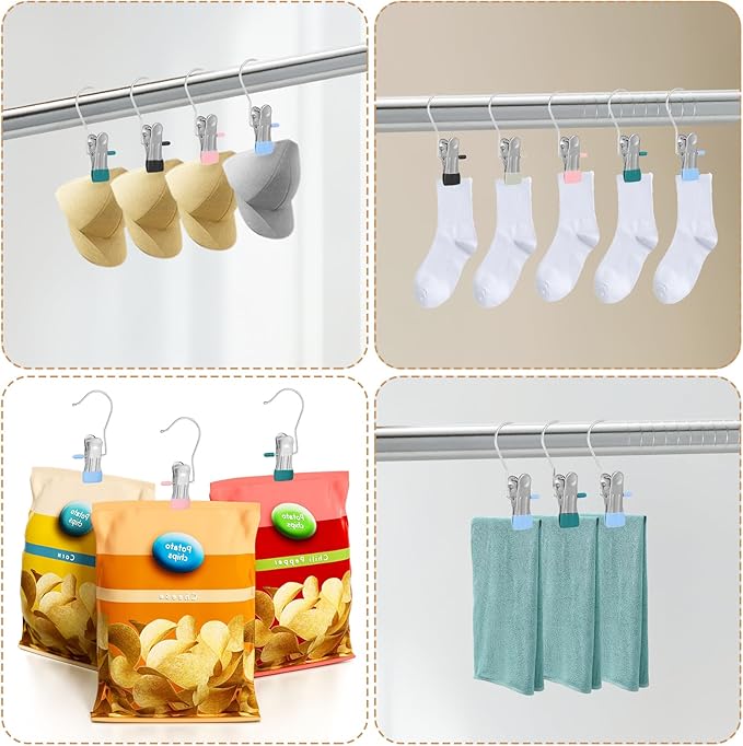 100 Pack Boot Hanger Clips Heavy Duty Laundry Hooks with Clips, Portable Stainless Steel Clothes Pins Boot Clips for Hanging Pants Socks Hats Towels Clothpins Hanger for Travel (5 Colors)