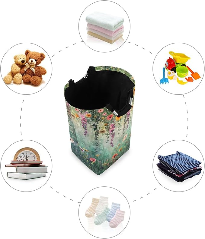 xigua Watercolor Pastel Flowers Large Laundry Hamper with Handle, Foldable Clothes Hamper Collapsible Storage Basket for Toys and Clothes Organization in Bedroom, Bathroom, and Laundry Room