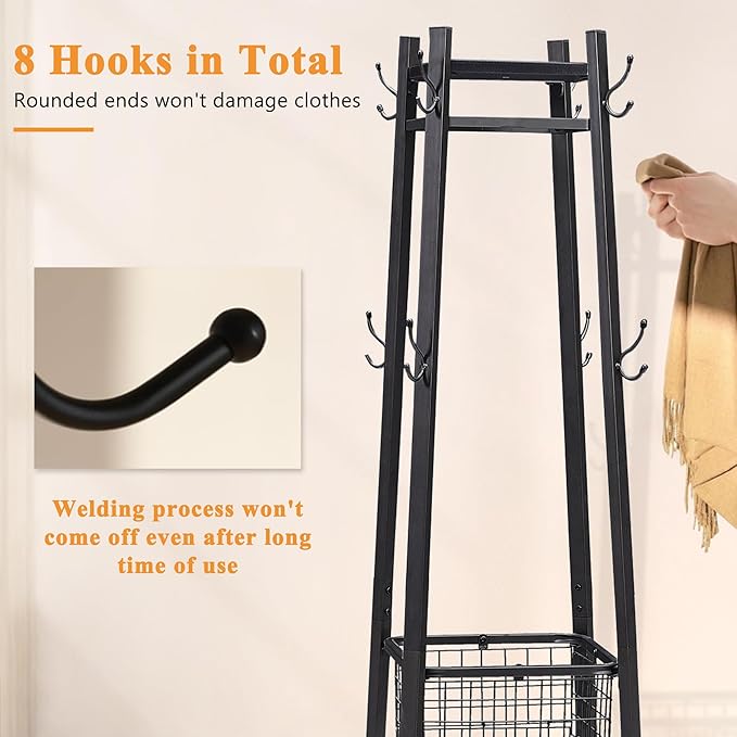 VECELO Coat Rack Freestanding,Hall Tree with Metal Basket and Storage Shelves,Industrial Coat Rack Stand with 8 Hooks for Hanging Coats/Hats/Bags/Umbrellas,18 x 18 x 72 In,Matte Black