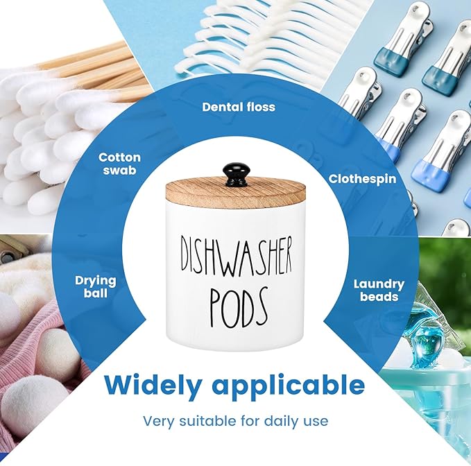 Round Dishwasher Pods Container, Wooden Laundry Pod Holder with Lid, White