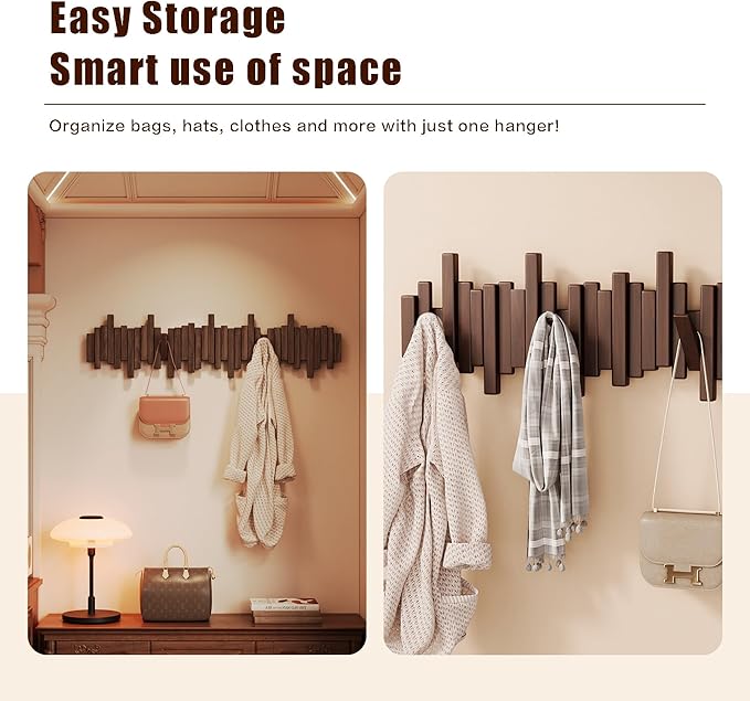 DESAINOPH® Wooden Coat Rack Wall Mounted Sticks Multi Rack Solid Handmade Natural Walnut Wood Artwork with 5 Flip-Down Unique Modern Hooks for Coats Bag Hat Umbrella