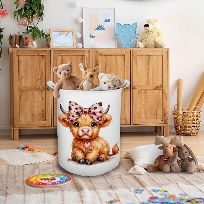 Highland Cow Baby Nursery Laundry Basket, Toybox for Girls Room, Pink Leopard Bow Cow Laundry Basket Waterproof Collapsible Clothes Toys Storage Bin Organizer for Kids Room Playroom Bathroom