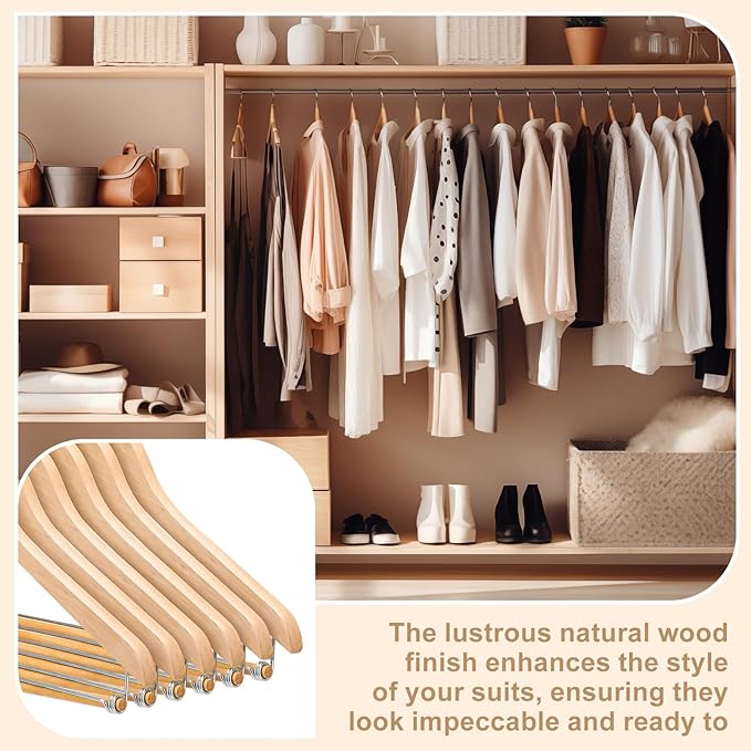 Kathfly 6 Pcs Wooden Suit Hangers with Locking Bar Retro Finish Wood Suit Coat Hangers for Closet Jacket Dress Heavy Clothes, 360° Swivel Hook, Holds up to 20lbs