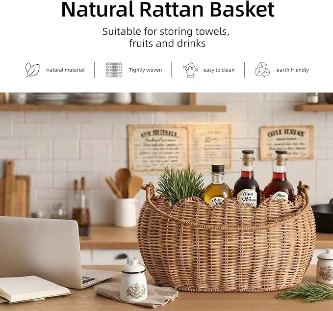 Scalloped Round Basket with Handle, Super Sturdy Wicker Storage Baskets, Hand Woven Basket for Shelves,Natural Baskets for Organizing (Rattan(12.6 * 9 * 6.1))
