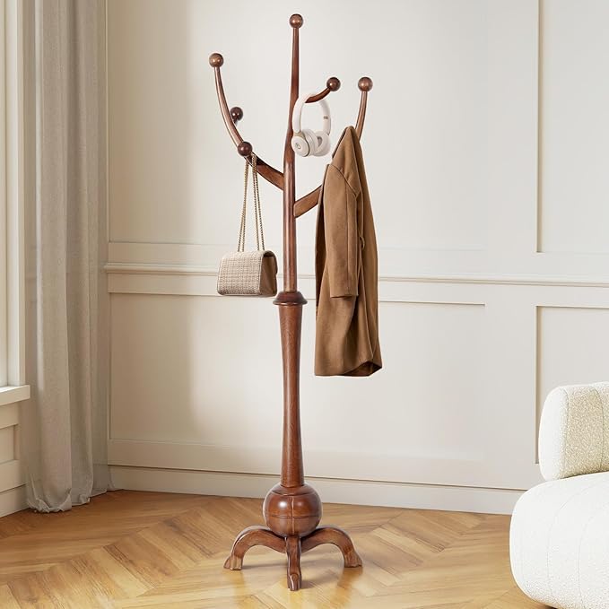 Wooden Coat Rack Freestanding with 8 Hooks, Heavy Duty Coat Hanger Stand with Stable Base, Vintage Coat Tree Standing Coat Racks for Entryway, Hallway, Bedroom (Walnut)