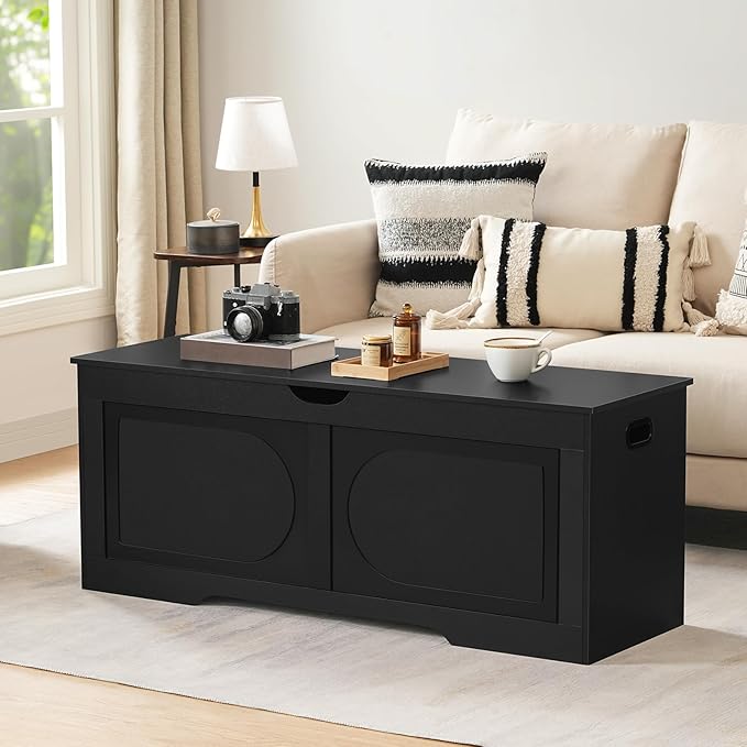 Storage Chest, 47.2” Toy Box, Entryway Storage Trunk, Shoe Bench with Storage, Engineered Wood Storage Cabinet with 2 Safety Hinges, Entrance Bench for Bedroom, Living Room, Black SCBK2201