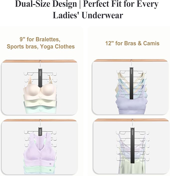 HOUSE DAY Tank Top Hanger, Dual-Row 5 Tier Space Saving Bra Hanger, Premium Lotus Wood Non-Slip Hangers with 360° Swivel Hooks, Closet Organizer for Sports Bras & Tank Tops, Cami (Black 2 Pack)