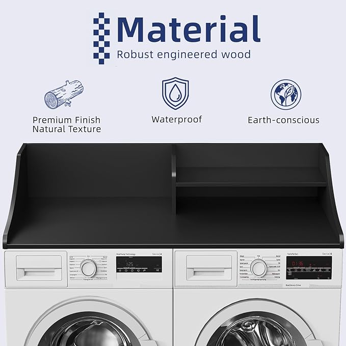 2 Tiers Washer Dryer Countertop, 54" Width x 27.5" Depth Laundry Countertop Organization, Wooden Washer and Dryer Topper for Folding, Sorting & Ironing, Easy to Install, Black