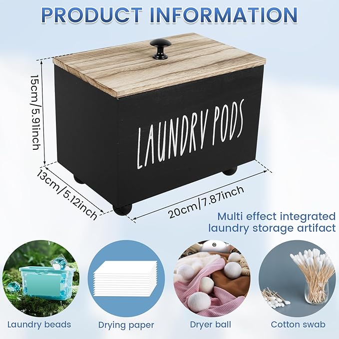 Farmhouse Laundry Pods Container with Lid, Solid Wood Dryer Sheet Holder, Stylish Laundry Pod Holder, Multipurpose Dryer Sheet Container for Laundry Room Kitchen Bathroom Organization Decor (Black)
