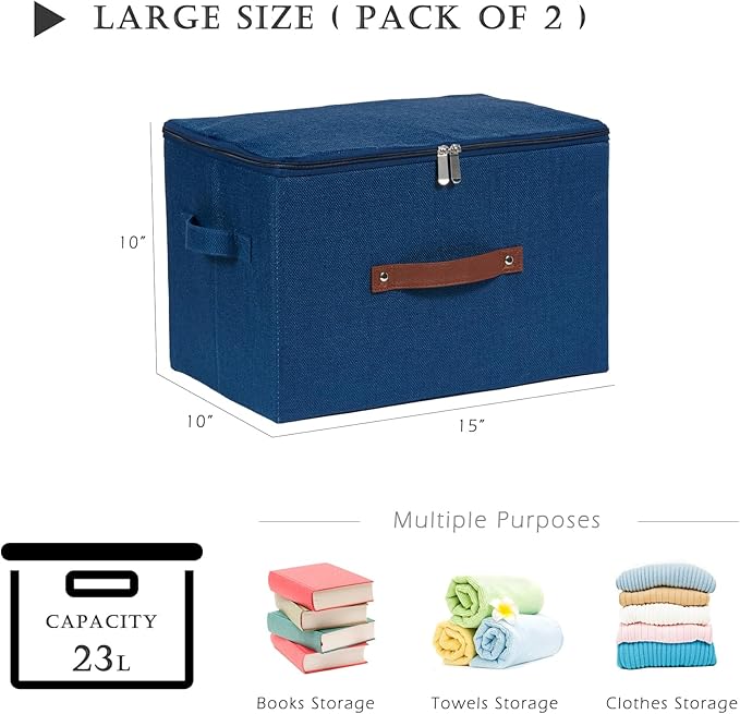 2 Pack Storage Bins with Zipper Lid Cotton Linen Fabric Lidded Storage Baskets Boxes Foldable Washable Closet Shelf Clothes Organizer Container with PU Leather Handles (Deep Blue, Large)