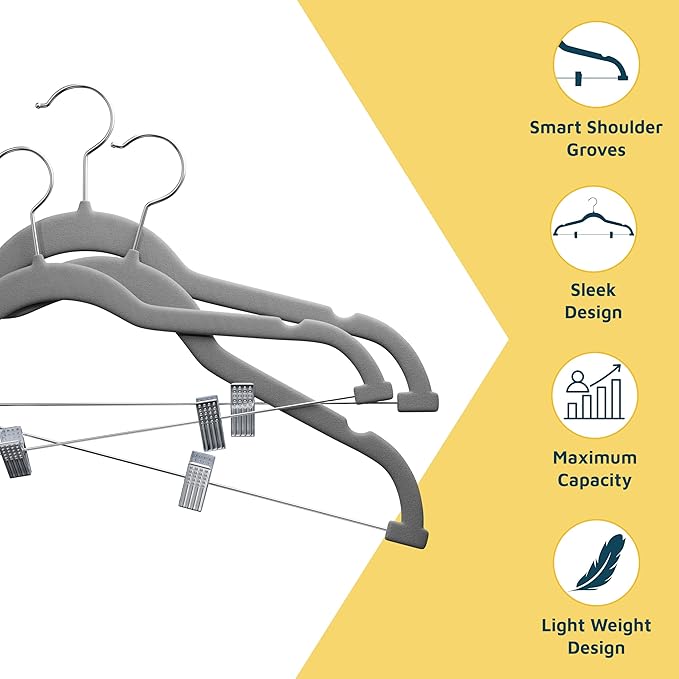 Lifemaster Velvet Skirt Hangers – with Adjustable Clips, 360 Degree Swivel Hook, and Non-Slip Shoulder Notch, Holds Up to 10 lbs, for Organizing Skirt, Pants, Dress, and Clothes, Pack of 30, Gray