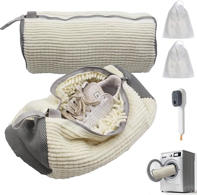 Shoe Washing Machine Bag,Mesh Shoe Washing Bag for Washing Machine - Large Size Fits various Shoes, Chenille Fabric Protection, Zipper Laundry Bag for Sneakers (2 Pcs) (Off White)