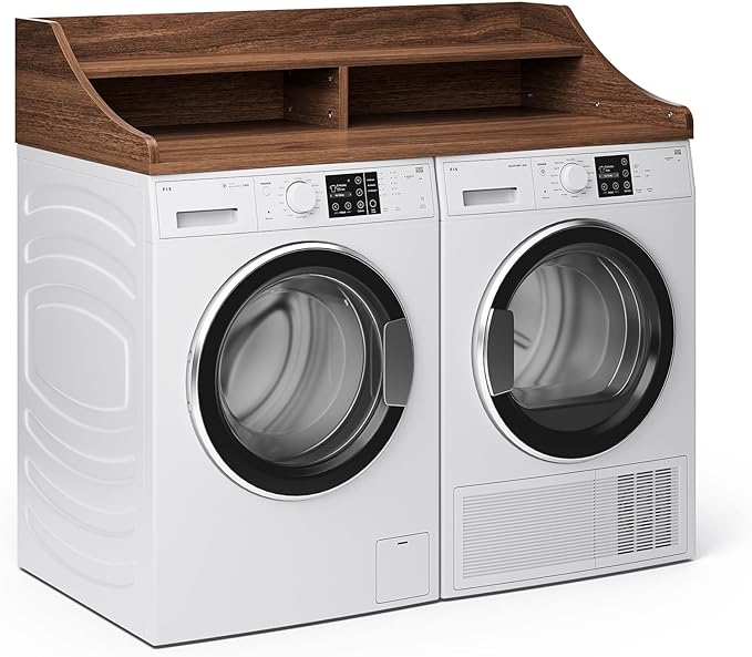 2-Tier Washer Dryer Topper, 54" x 27.6" Washer Dryer Countertop with Non-Slip Mat, Laundry Room Organizer with Storage Shelf for Folding & Sorting Clothes, Walnut