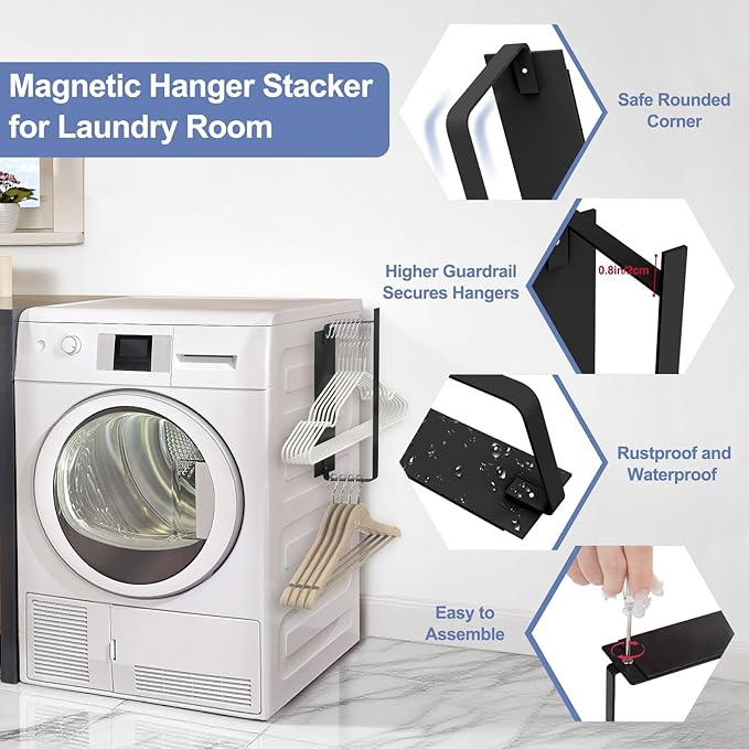 2 Pack Magnetic Hanger Holder for Laundry Room, Space-Saving Hanger Organizer for Washing Machine Dryer, Holding up to 40 Velvet Wire Plastic Hangers (2, Black)
