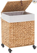 Handwoven Laundry Hamper with Wheels, Natural Water Hyacinth Rolling Laundry Basket with Lid and Removable Liner, Durable and Stylish for Bedroom, Bathroom, Laundry Room (Natural, 65L)