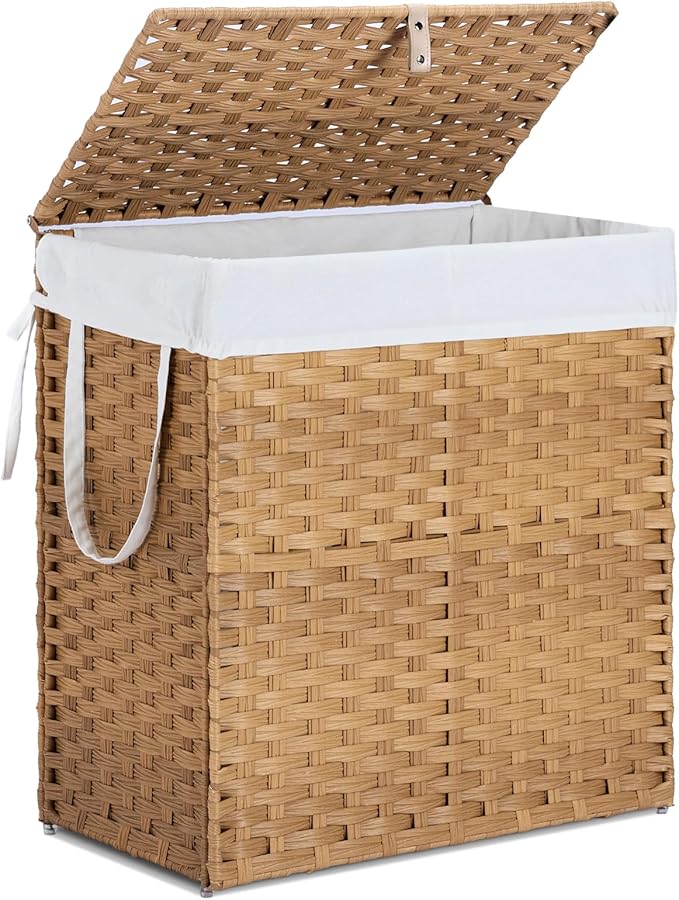 Laundry Basket with Lid, 110 L Rattan Clothes Laundry Basket with Lid and Handles, Foldable Clothes Hamper, Removable Liner, Goose Yellow
