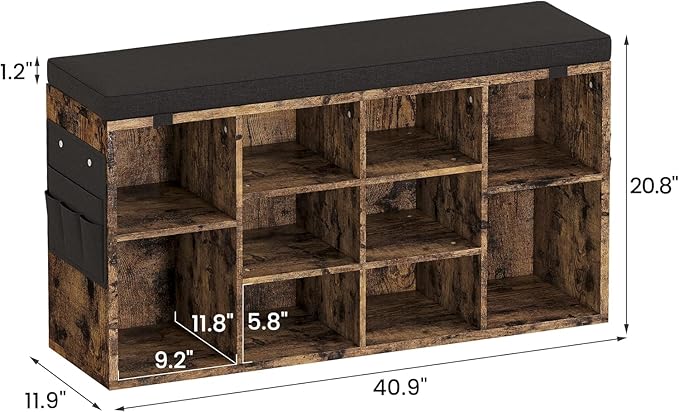 IDEALHOUSE Shoe Storage Bench with Cushion, 10 Cubbies Storage Rack Bench with Padded Seat, 41" Cubby Seat Shoe Cabinet with Adjustable Shelf for Entryway Hallway Living Room, Rustic Brown