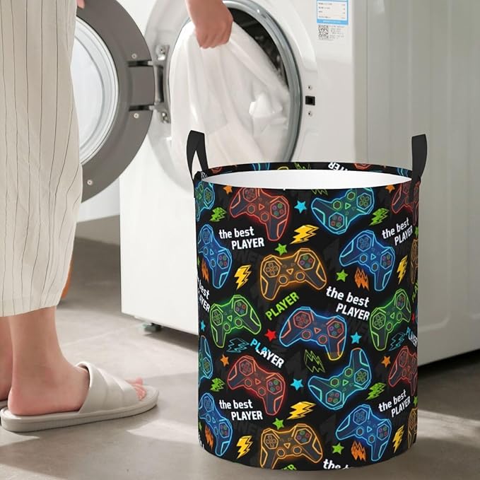Game Round Laundry Hamper Gaming Gamer Storage Basket Toys Clothes Organizer Bin For Home Bathroom Bedroom Dorm Nursery, 62l