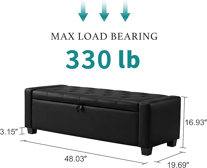 48" Ottoman with Storage, Storage Ottoman Bench with Safety Hinge, Upholstered Entryway Bench with Seating for Bedroom, Living Room, Holds up to 330 lb, Light Black