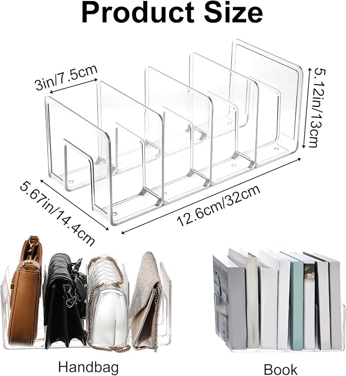 4PCS Plastic Purse Organizer for Closet Clear Acrylic Handbag Storage Shelf Dividers for Closet Bedroom Bathroom Kitchen Office Study Handbags Clutches Clothes Sweater Towel Book Organization