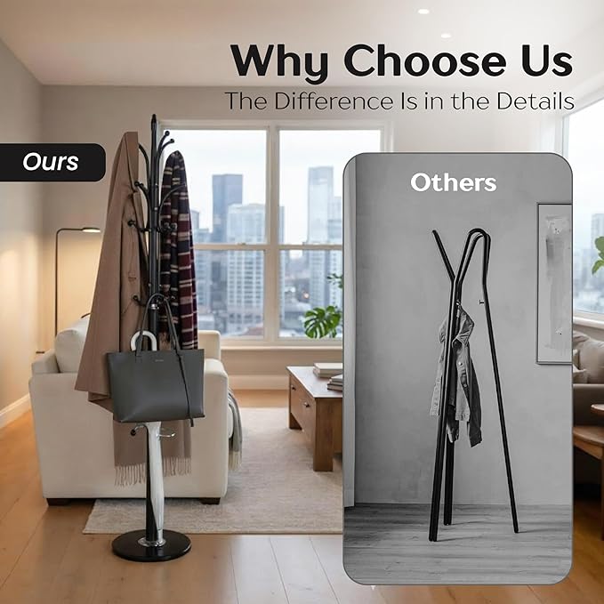 Modern Metal Coat Rack with Sturdy Natural Marble Base for Coat, Jacket, Hat, Cloths, Bags - Freestanding Coat Stand with 12 Hooks & Umbrella Holder for Entryway, Hallway, Corner, Office