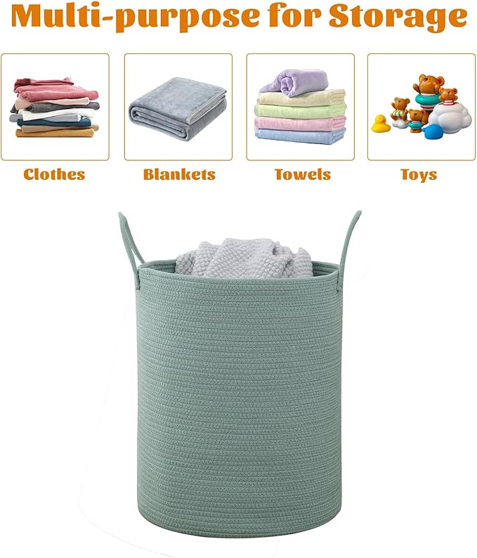 Woven Basket Nursery Laundry Hamper with Handles, Clothes Storage Organizer, Woven Basket for Boy Room Decor, Toy & Blanket Storage Bin, 15x15x18 Inch,Green,1pc