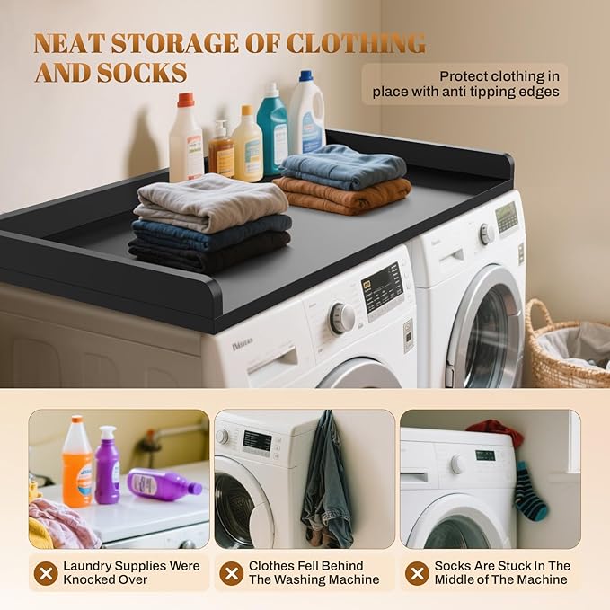 GCCSJ Washer Dryer Countertop, 54" Width x 27.5" Depth Wood Laundry Topper with Edge & Non-Slip Pads for Laundry Room Organization Storage & Clothes Folding, Black