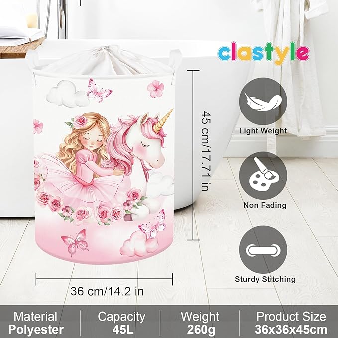 Clastyle Cute Unicorn Laundry Basket Cloud Kids Clothes Book Storage Basket Gift Toy Box for Bedroom Decor,Princess,40x30x30 cm
