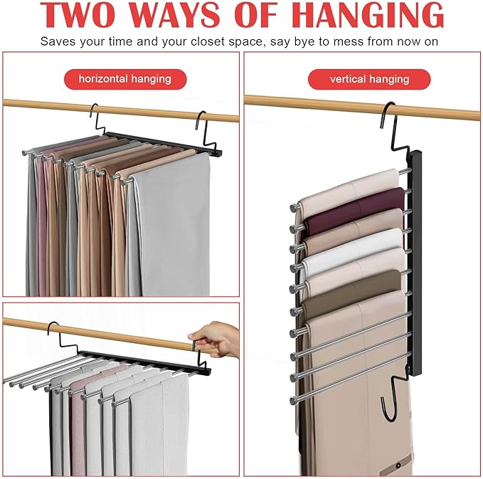 Pants Hangers Space Saving, 10-Tier Stainless Steel Closet Organizer, Plastic-Free, Collapsible Non-Slip Design Space Saving Hangers, Rotation for Legging Pant Rack, Storage and Organization