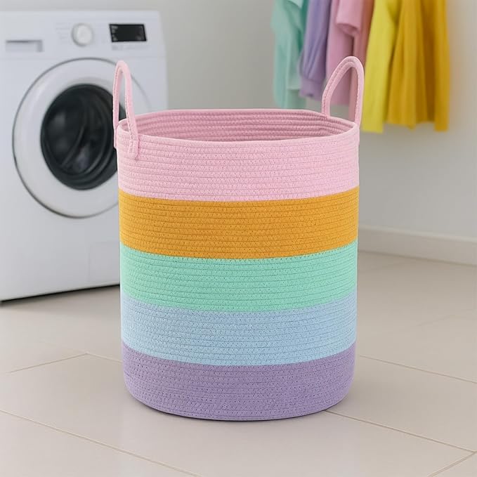 Woven Basket Nursery Laundry Hamper with Handles, Clothes Storage Organizer, Woven Basket for Boy Room Decor, Toy & Blanket Storage Bin, 15x15x18 Inch, Colorful, 1pc