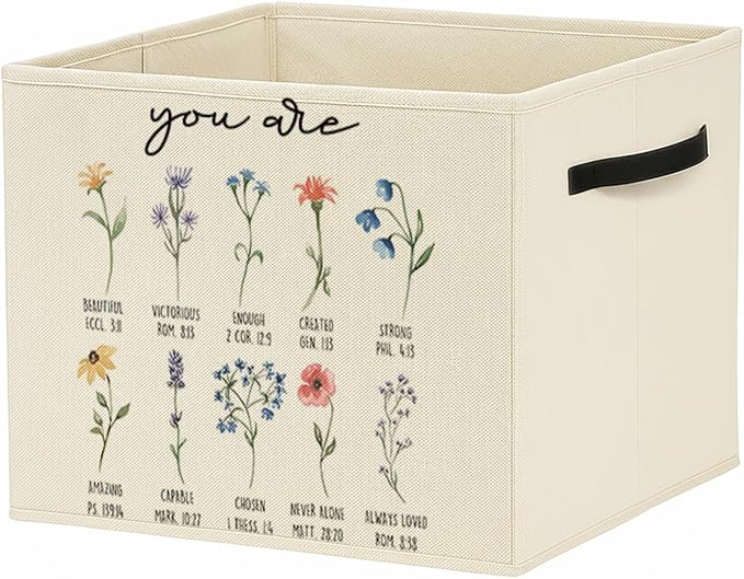 Christian Floral Storage Bin Box with Handles, Inspirational You Are Bible Verse Religious Foldable Baskets Organizer for Bedroom Bathroom Home Clothes Toys Books, Toybox for Girls