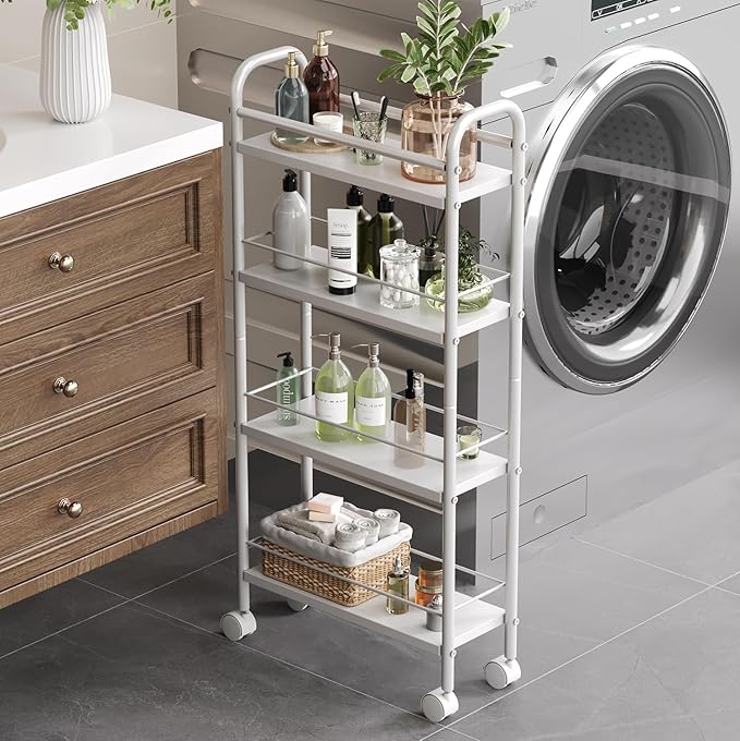 Slim Storage Cart, 4-Tier Small Rolling Cart with Wheels, 5.9" Deep, Narrow Bathroom Shelf Trolley for Kitchen, Bathroom, Laundry Room, White Standard 4-Tier (5.9" W x 33.6" H)