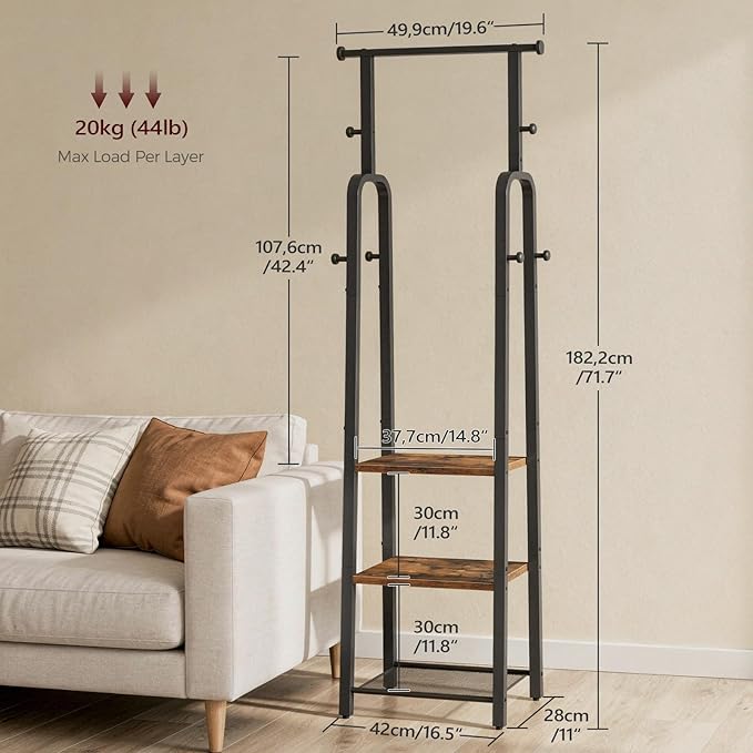 Coat Rack Freestanding, Hall Tree with 3-Shelves and 8 Hooks, Industrial Clothes Rack Stand Organizer for Entryway, Bedroom, Bags, Hats, Scarves, Rustic Brown and Black CRHR14901