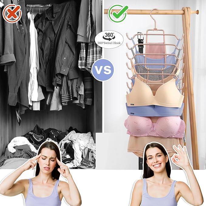 2Pcs Tank Top Hangers Space Saving Hanger Organizer Bra Hangers for Closet Organizer 360° Rotating Metal Closet Organizers and Storage Lingerie Hooks for Cami Bras Belts Swimsuits Lingeries Rose Gold