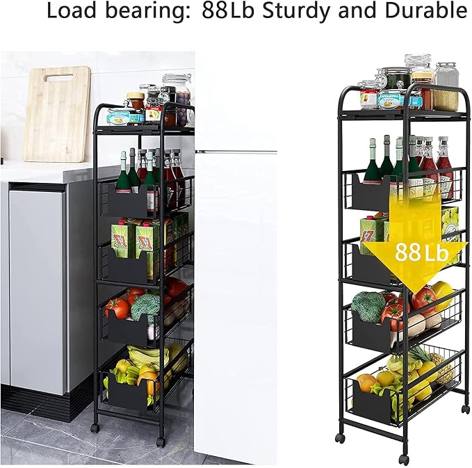 WHIFEA 5 Tier Slim Rolling Cart with Pull-Out Drawers, Multi-Layer Narrow Storage Shelf Organizer on Wheels, Metal Wire Baskets for Fruit, Dishes, Freestanding Unit for Kitchen, Bathroom, Home Office