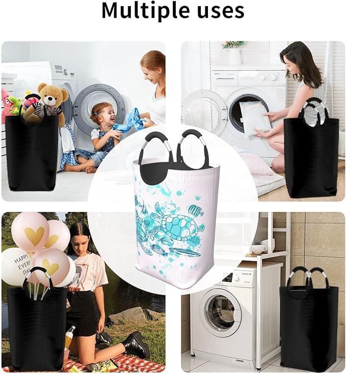 Sea Turtle Laundry Basket Beach Decor Laundry Hamper Ocean Fish Collapsible Baskets with Handle Dirty Clothes Hamper Bag for Dorm Family Bathroom Decor Storage 50L