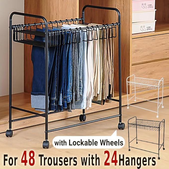 Japard Pants Organizer Rack Trolley with 24 Double Hangers Rolling Trouser Metal Rack, Space Saving Closet - 48 Storage Pants Jeans Scarf Black