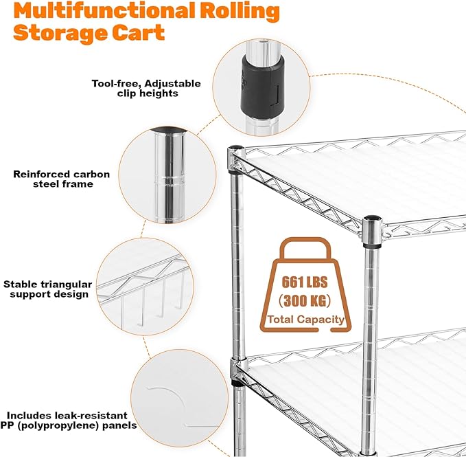 3-Tier Rolling Utility Cart 30" D x 18" W x 35" H Heavy Duty Carbon Steel Storage Cart with Adjustable Shelves PP Panels Locking Casters for Kitchen Bathroom Office