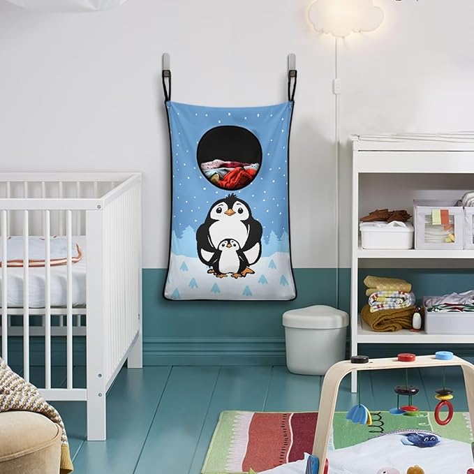 ZFRXIGN Penguin Hanging Laundry Hamper Cute Animal Laundry Baskets Dirty Hamper for Clothes Organizers Washable Hampers Room Decor Toys Storage Bin Bedroom Hamper Bag Blue