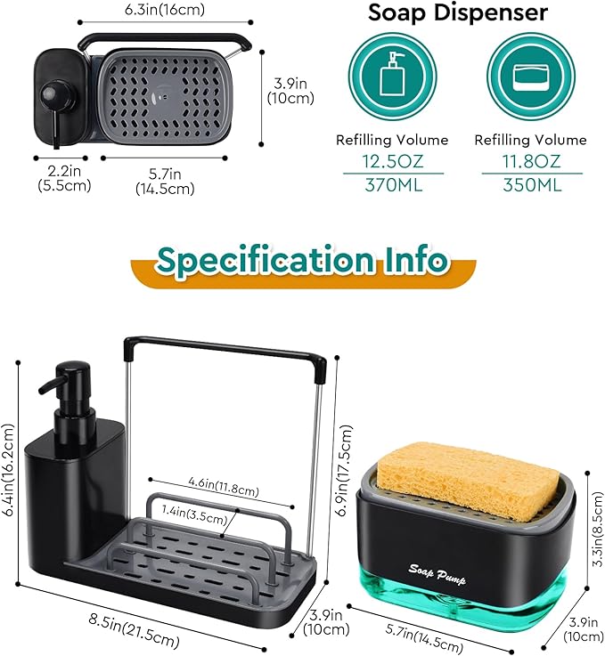 Kitchen Soap Dispenser Set with Tray and Sponge Holder, Dish and Hand Soap Dispenser with Dishcloth Holder 5-in-1 Kitchen Sink Countertop Storage Organizer, Practical Kitchen Gadgets - Black