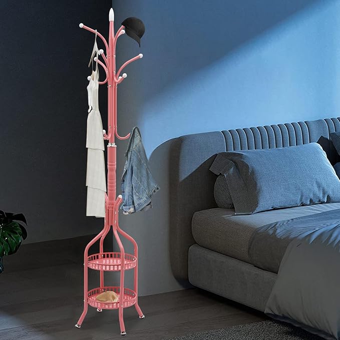 Metal Coat Rack Stand Freestanding Hat Hall Tree Clothes Rack Holder Modern Clothing Garment Hanger Stand with Double Layer Storage Basket and Hooks for Hanging Scarf Bag for Entryway Bedroom (Pink)