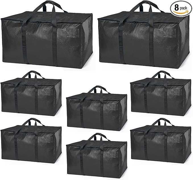 ClearSpace Heavy Duty Moving Bags or Storage Bags – Black Storage Bins with Lids, Large Moving Boxes with Backpack Straps & Zippers,– Packing Box & Moving Supplies for College Dorm, 8 Pack