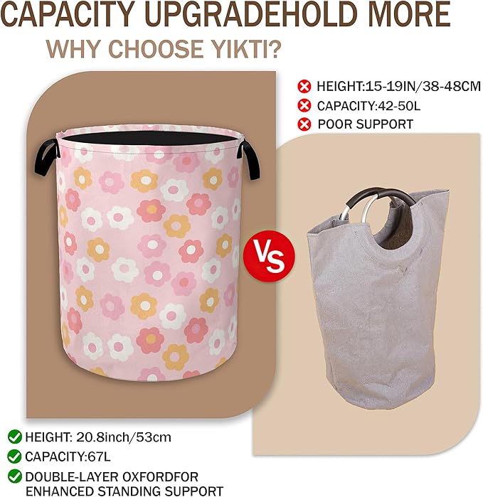 60s Groovy Flowers Laundry Basket,Pink Floral Clothes Hamper,Oxford Cloth Collapsible Nursery Hamper Storage Organization for Bedroom,Bathroom,Office,College Dorms,16x20 Inch
